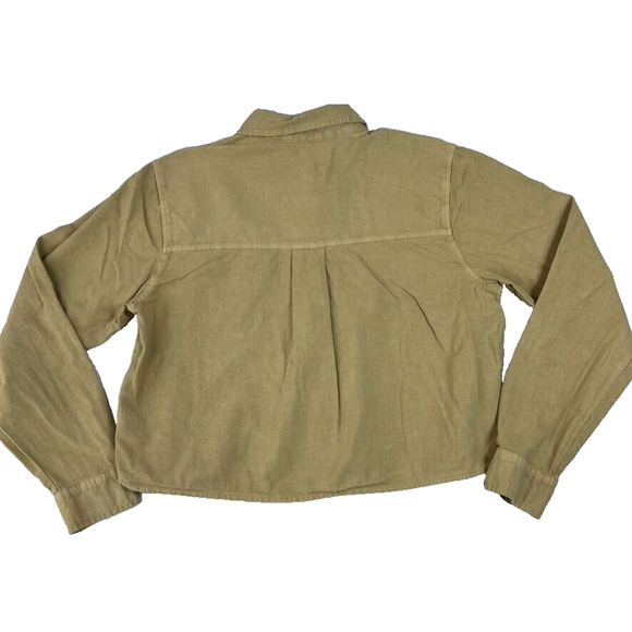 Universal Thread Shirt Women Tan Long Sleeve Collared Cropped Cotton Linen Blend - Picture 3 of 8